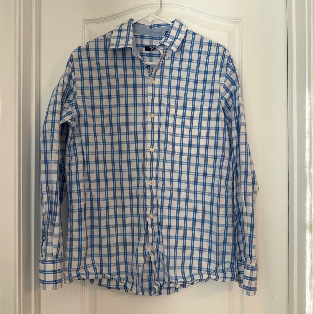 IZOD Blue White Pink  Plaid Button Down Shirt Small
